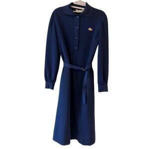 Vintage 1970s Lacoste David Crystal Navy Polo Dress Long Sleeve Belted Size 4–6